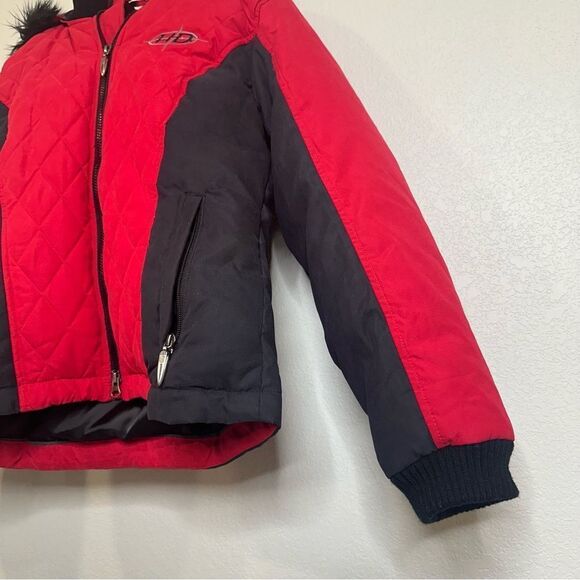 Harley Davidson Womens Small Red Black Quilted Down Feather Jacket Logo Biker - Picture 8 of 11